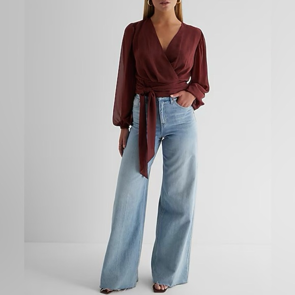 Express Womens Top Size XS V-Neck Faux Wrap Tie Waist Long Sleeves Lined NWT $54 - Picture 16 of 16